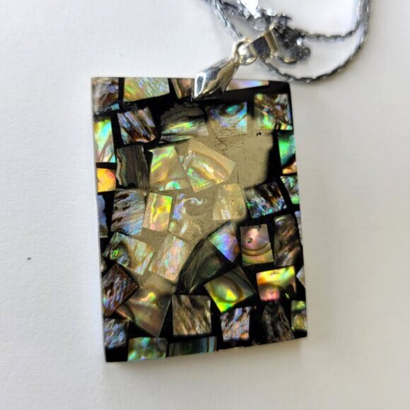 Womens Abalone Pendant Shell Inlay Rectangular Pendant with Silver Necklace - Picture 1 of 8